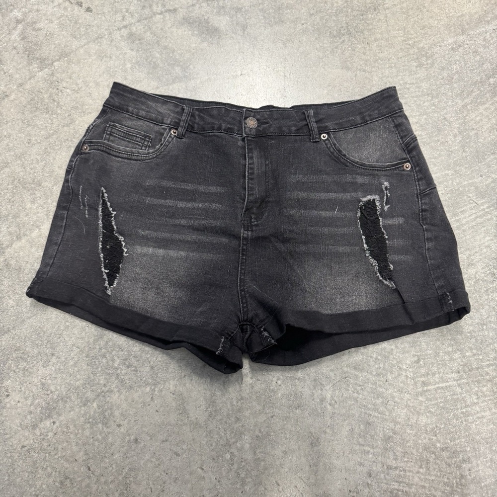 Women's Black Cotton Shorts 34' Distressed Grunge Gothic W Stretch Witchy XL